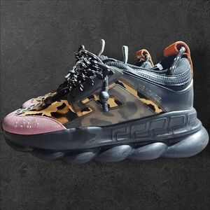 Versace Mens Chain Reaction Panelled Leopard Print Sneakers Size 42 (9)